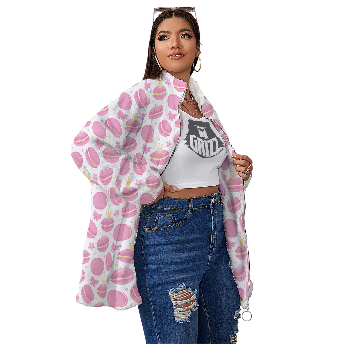 Macaron Pink Print Pattern Women's Sherpa Jacket-grizzshop