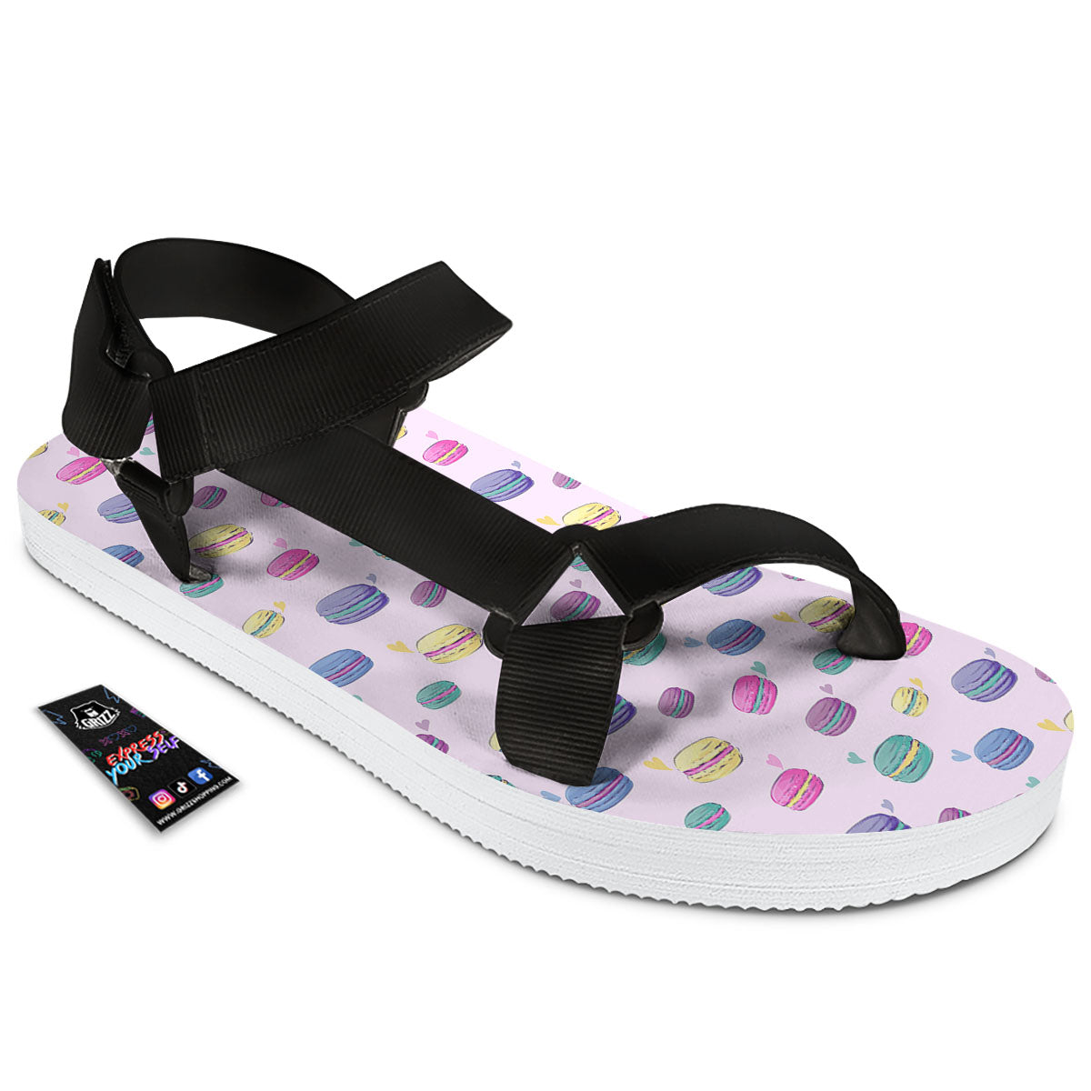 Macaron Print Pattern Black Open Toe Sandals-grizzshop