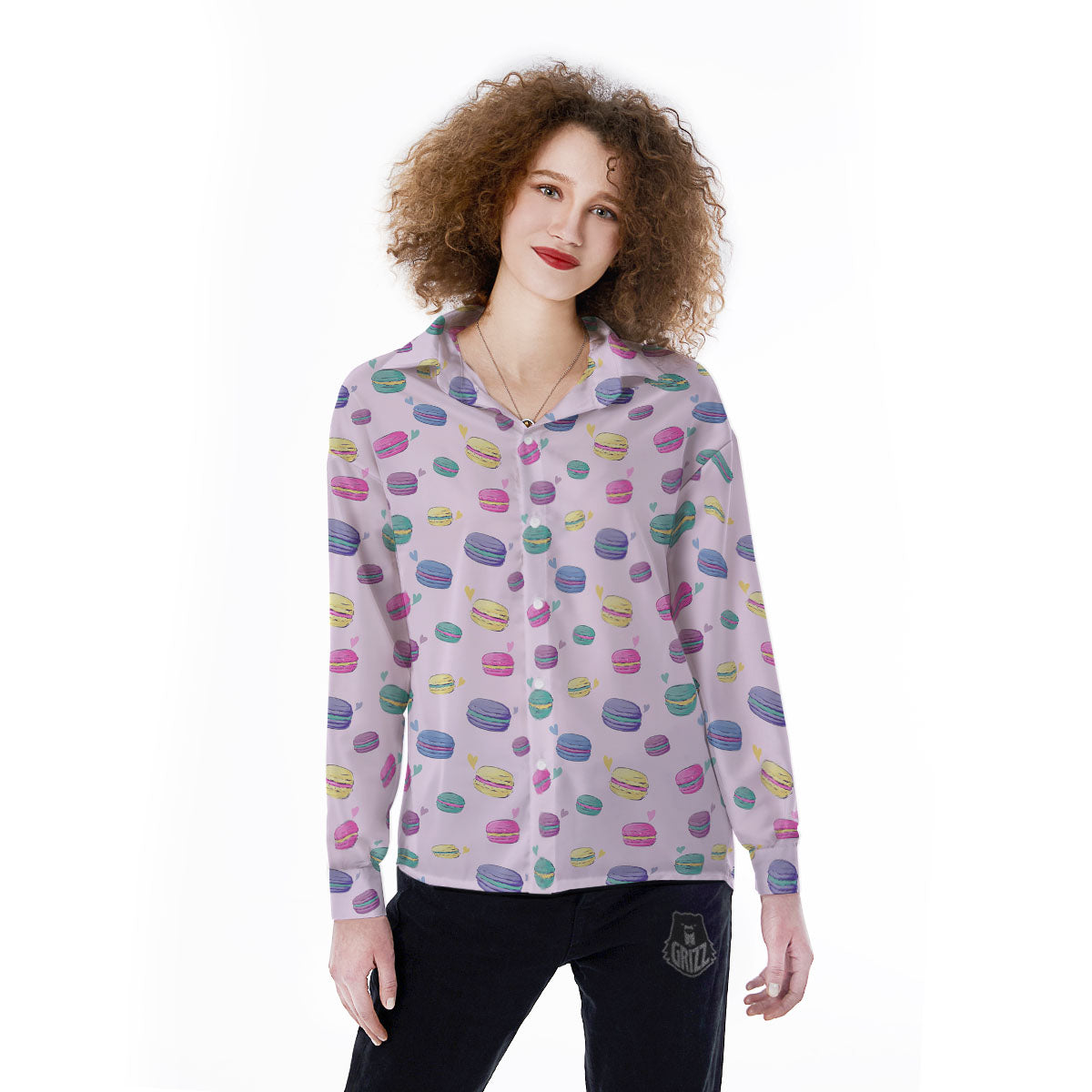 Macaron Print Pattern Women's Long Sleeve Shirts-grizzshop