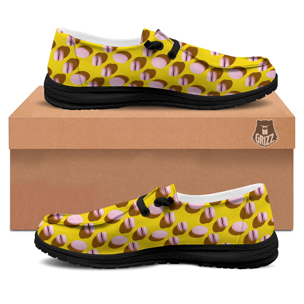 Macaron Yellow And Pink Print Pattern Black Loafers-grizzshop