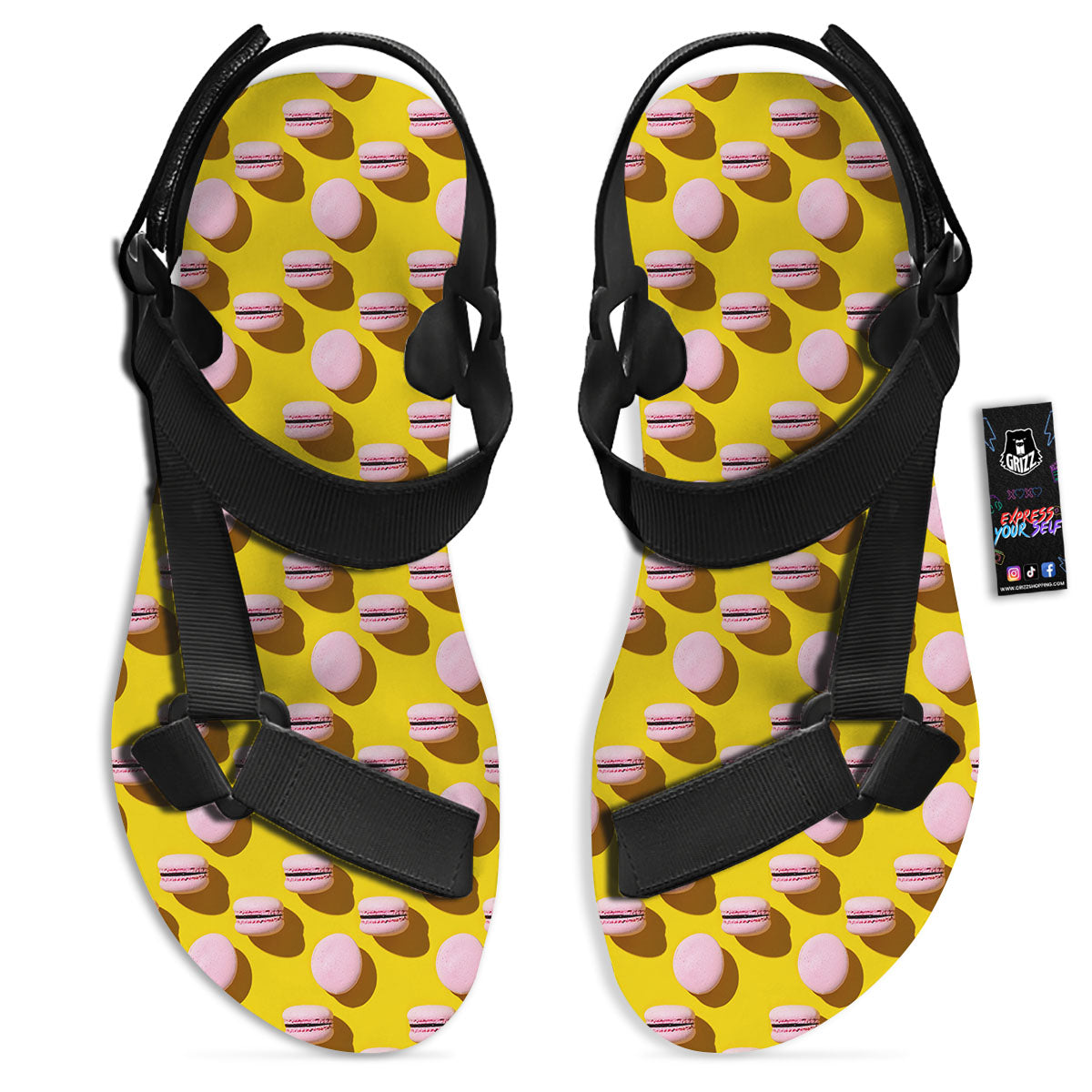 Macaron Yellow And Pink Print Pattern Black Open Toe Sandals-grizzshop