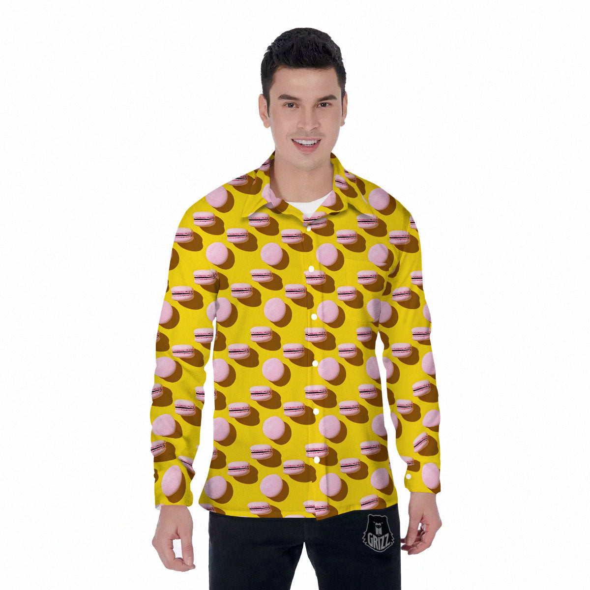 Macaron Yellow And Pink Print Pattern Men's Long Sleeve Shirts-grizzshop
