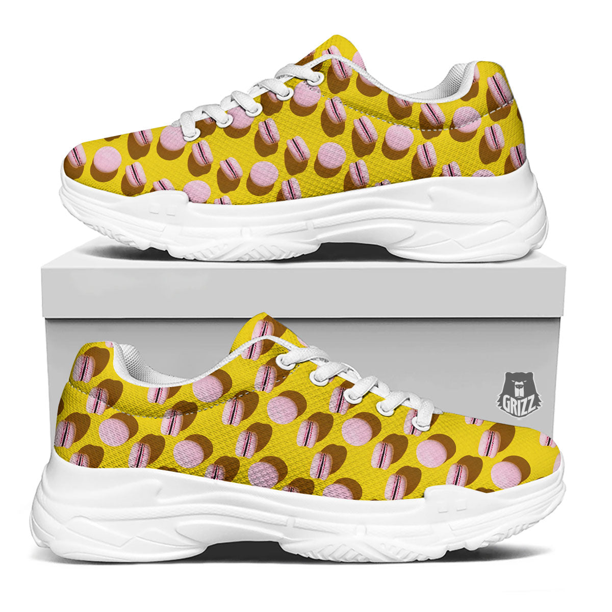 Macaron Yellow And Pink Print Pattern White Chunky Shoes-grizzshop