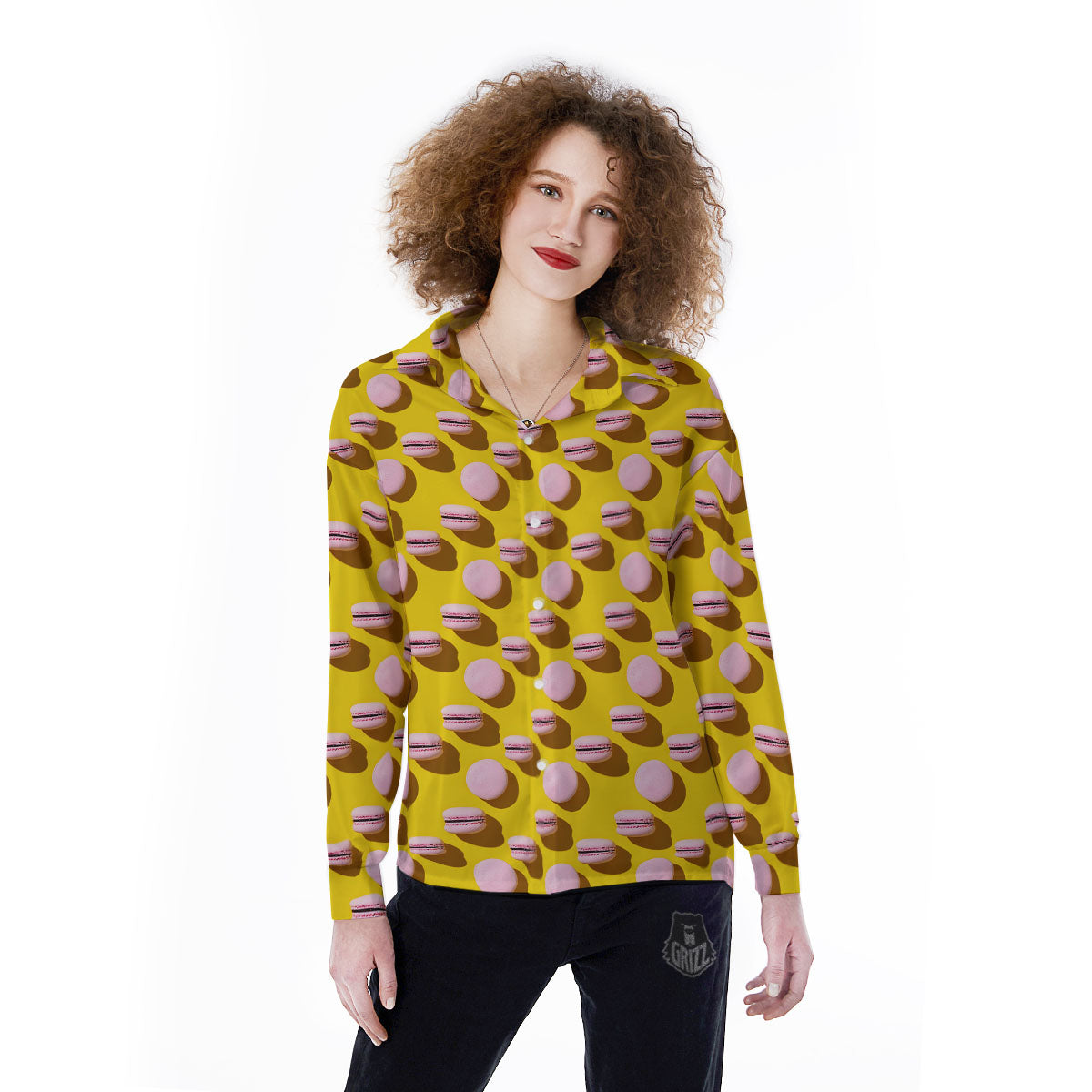 Macaron Yellow And Pink Print Pattern Women's Long Sleeve Shirts-grizzshop