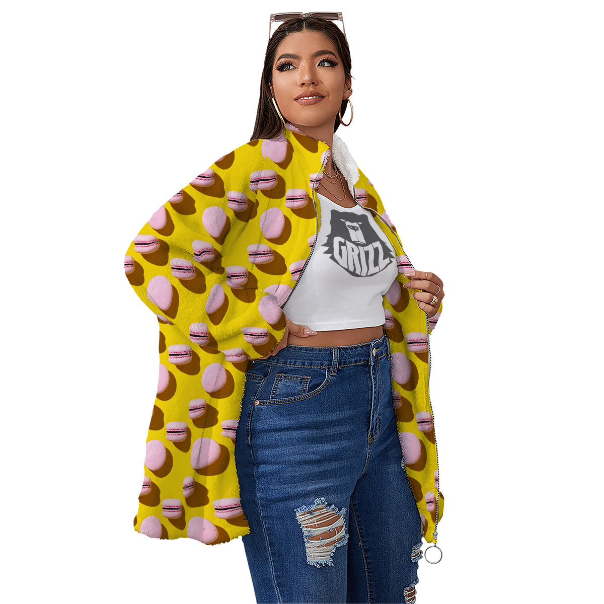 Macaron Yellow And Pink Print Pattern Women's Sherpa Jacket-grizzshop