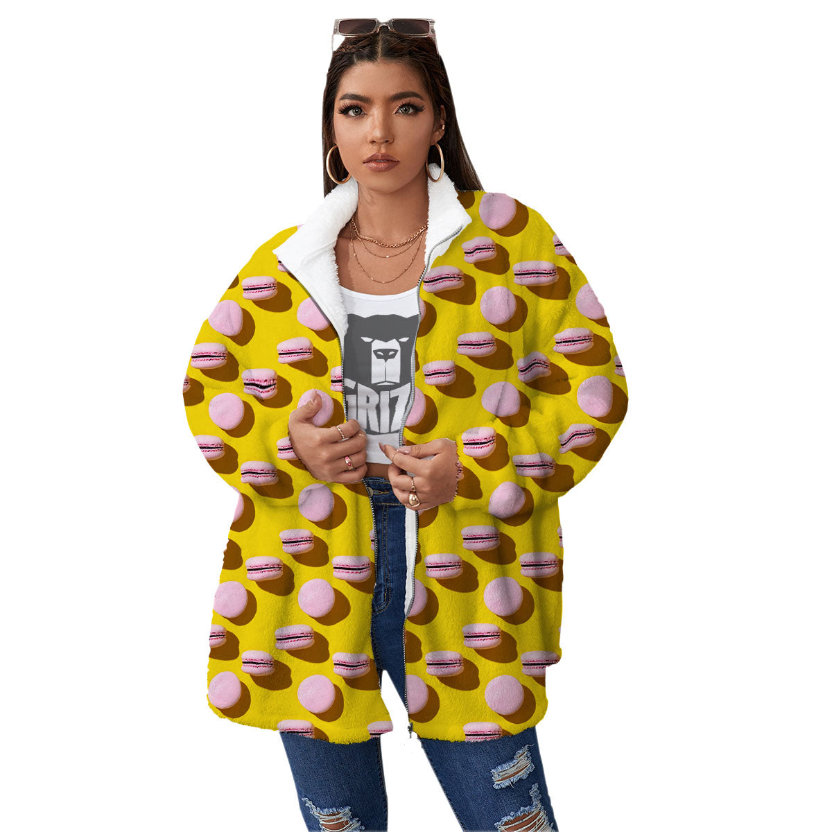 Macaron Yellow And Pink Print Pattern Women's Sherpa Jacket-grizzshop