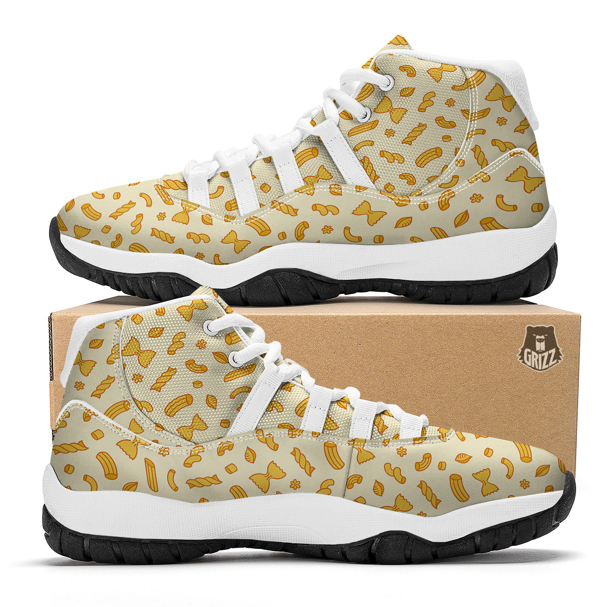 Macaroni Beige Print Pattern White Bball Shoes-grizzshop