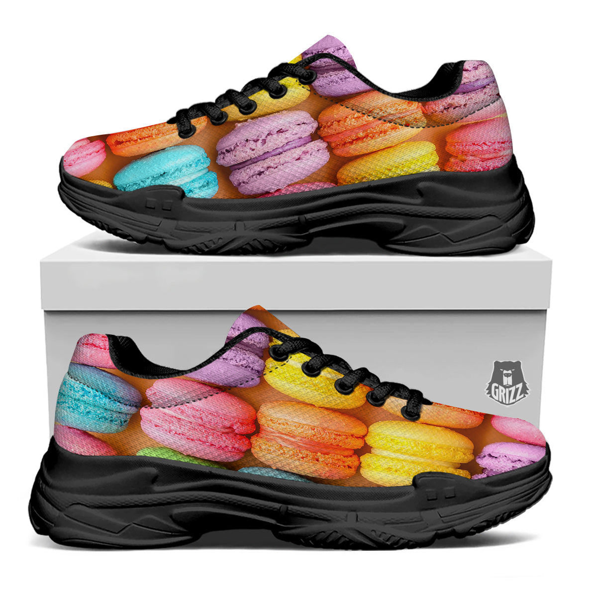 Macarons Colorful Print Black Chunky Shoes-grizzshop
