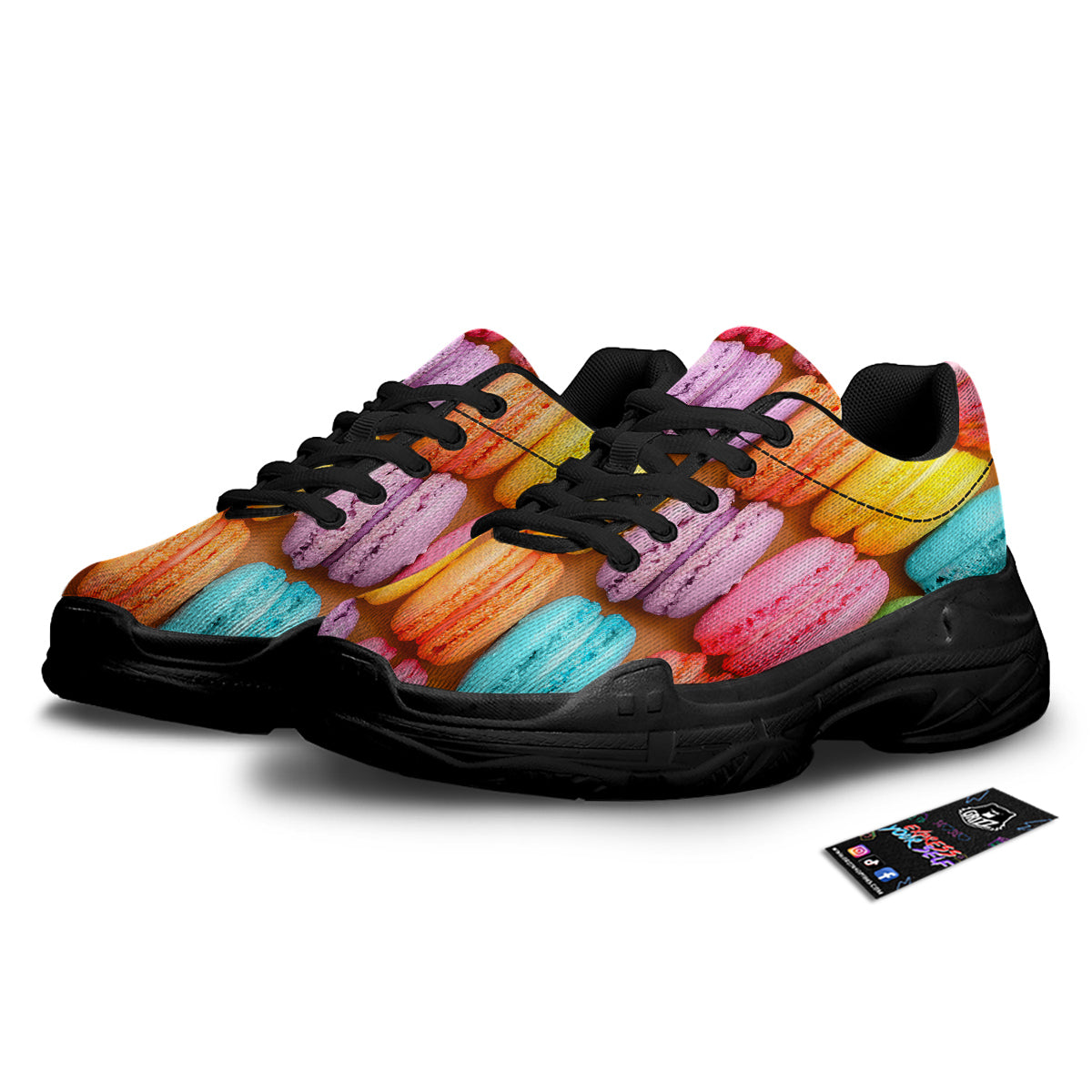 Macarons Colorful Print Black Chunky Shoes-grizzshop