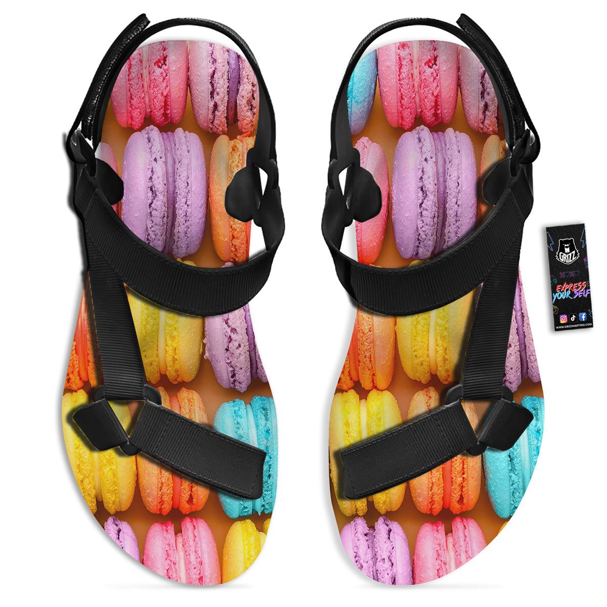 Macarons Colorful Print Black Open Toe Sandals-grizzshop