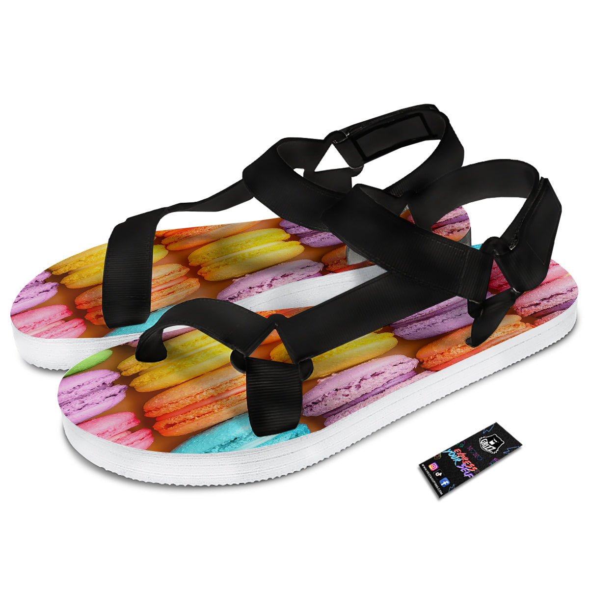 Macarons Colorful Print Black Open Toe Sandals-grizzshop