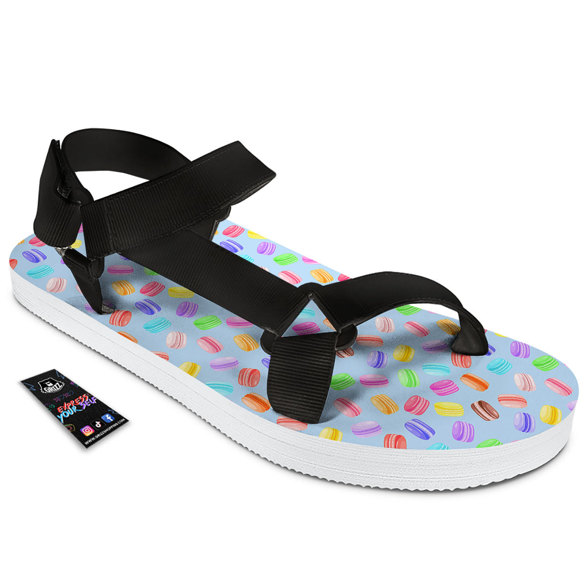 Macarons Colorful Print Pattern Black Open Toe Sandals-grizzshop