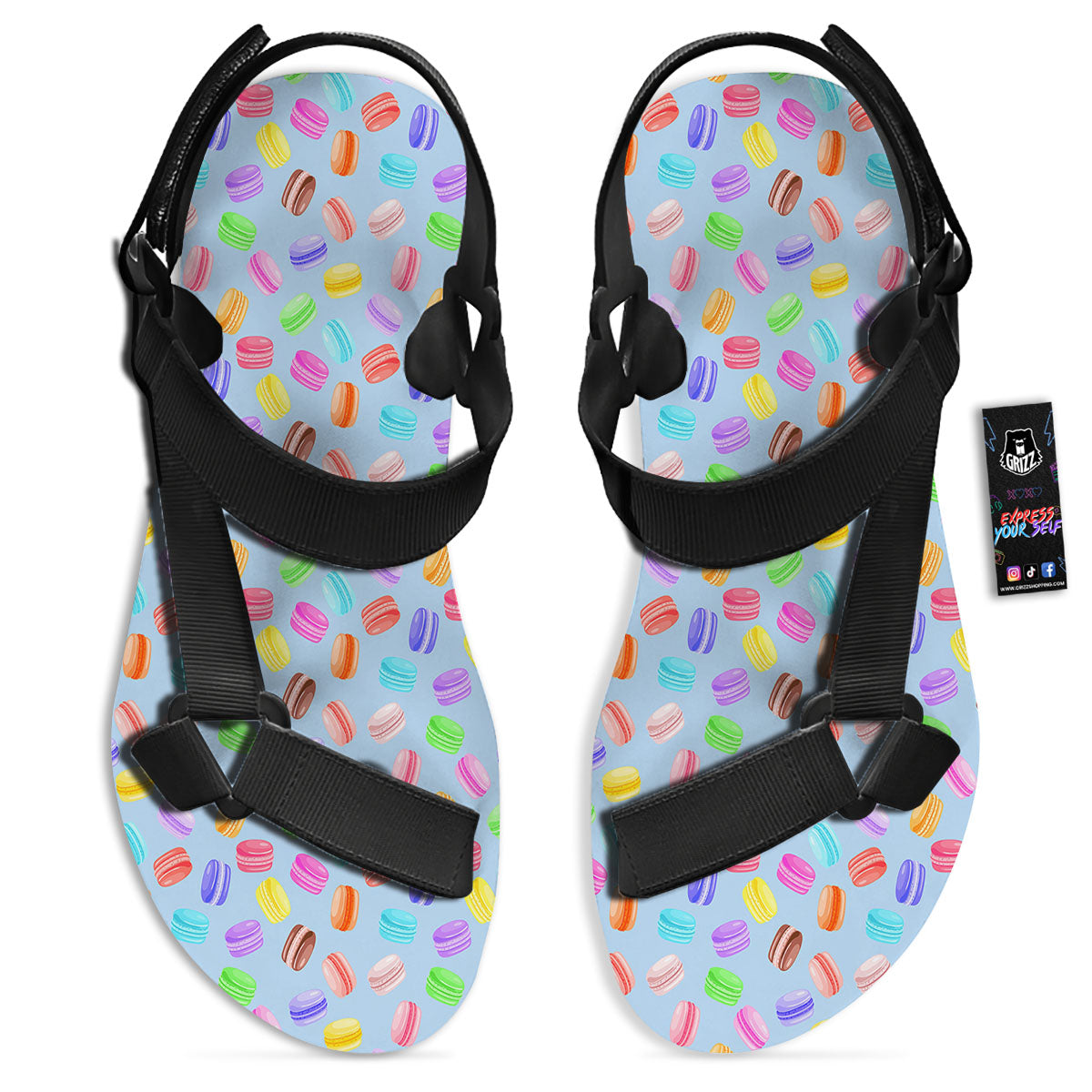 Macarons Colorful Print Pattern Black Open Toe Sandals-grizzshop