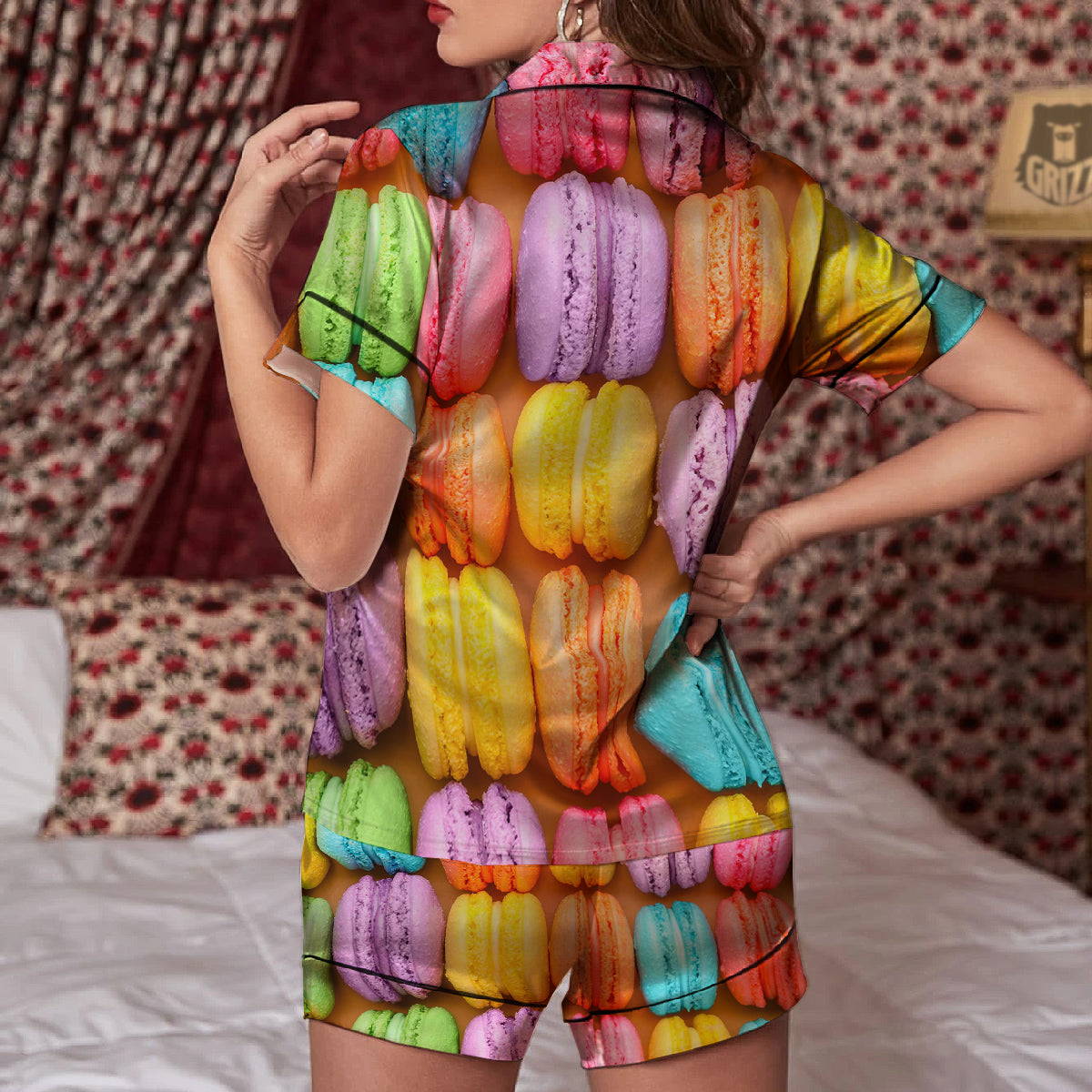 Macarons Colorful Print Women Silk Pajamas-grizzshop