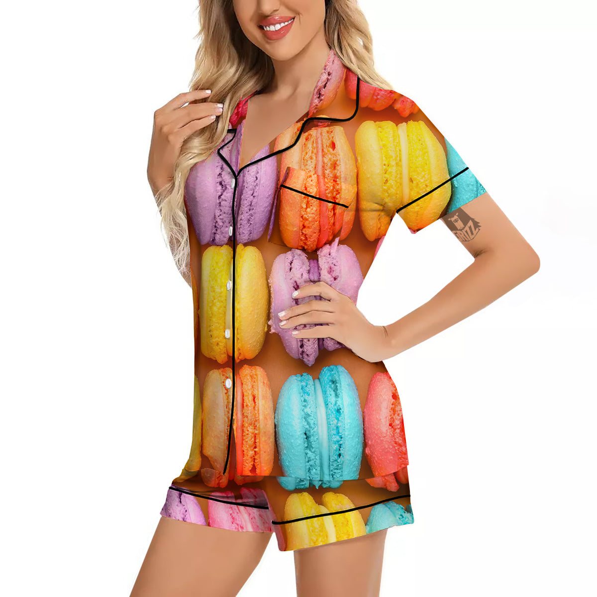 Macarons Colorful Print Women Silk Pajamas-grizzshop