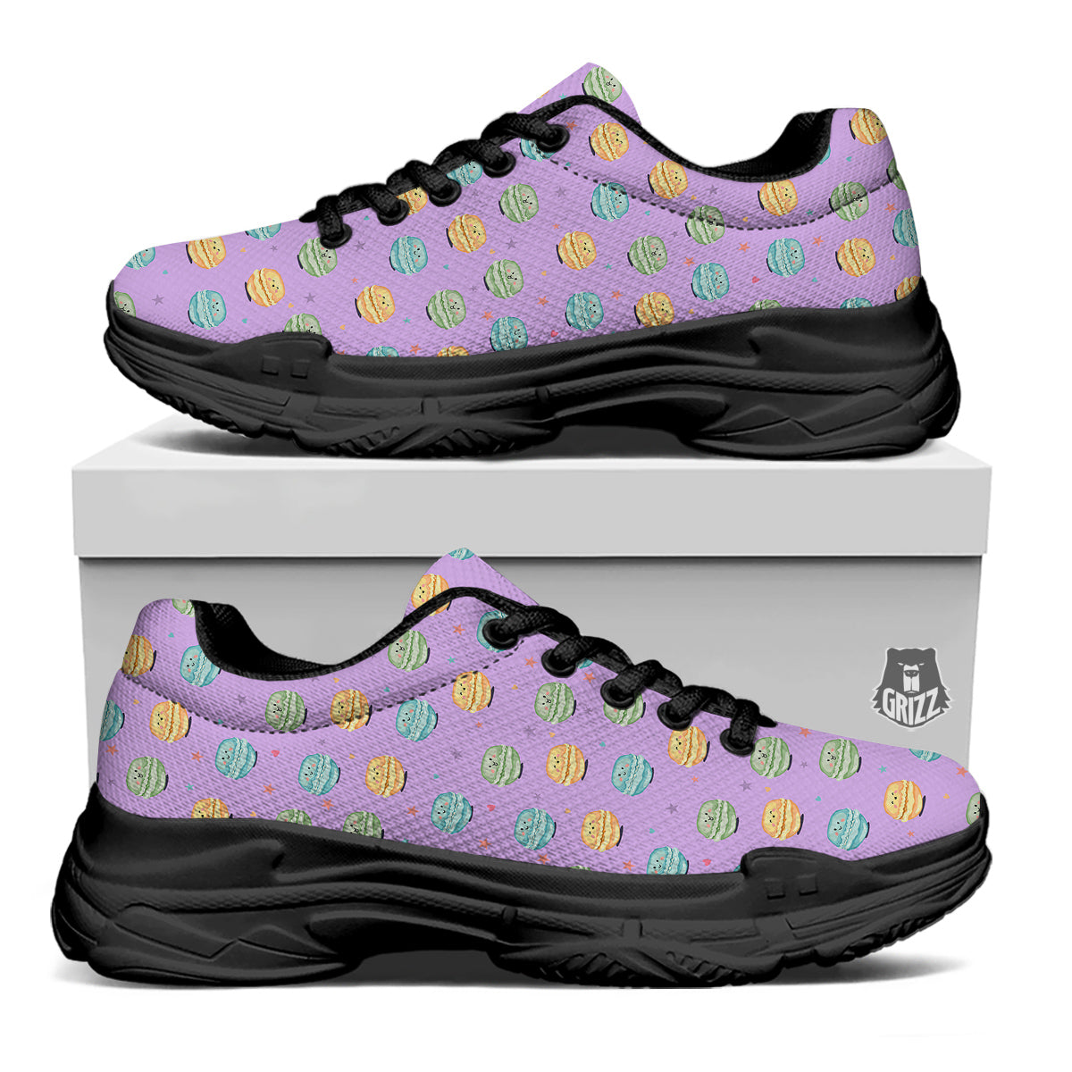 Macarons Cute Print Pattern Black Chunky Shoes-grizzshop