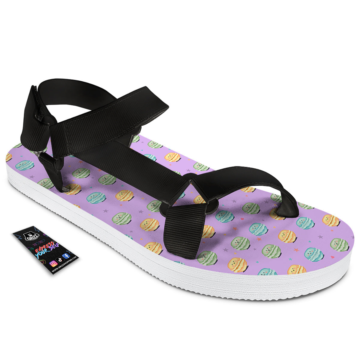 Macarons Cute Print Pattern Black Open Toe Sandals-grizzshop