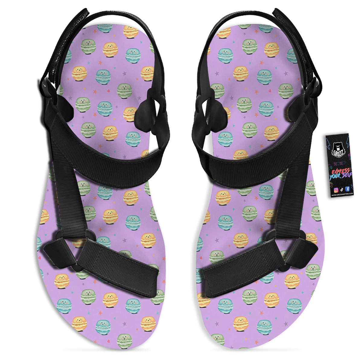 Macarons Cute Print Pattern Black Open Toe Sandals-grizzshop