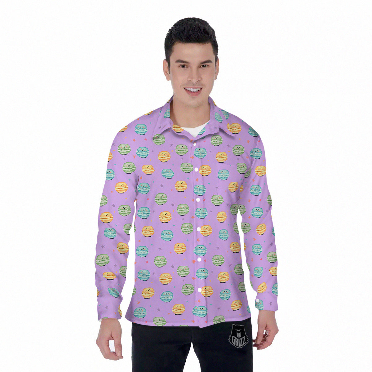 Macarons Cute Print Pattern Men's Long Sleeve Shirts-grizzshop
