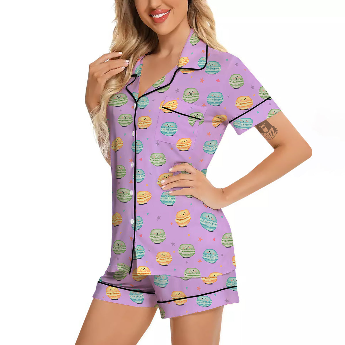 Macarons Cute Print Pattern Women Silk Pajamas-grizzshop