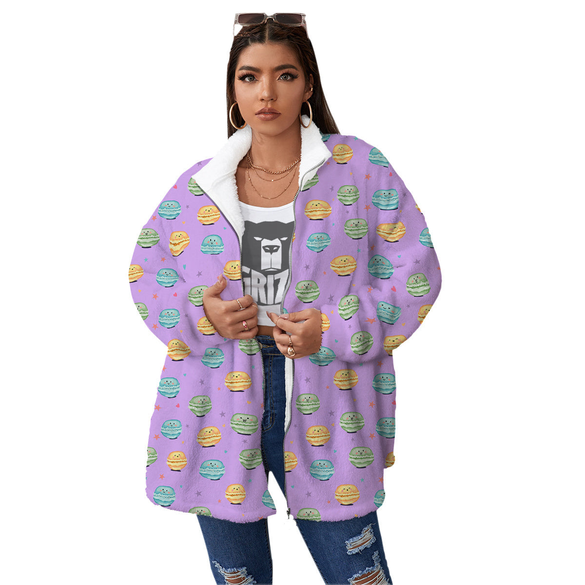 Macarons Cute Print Pattern Women's Sherpa Jacket-grizzshop
