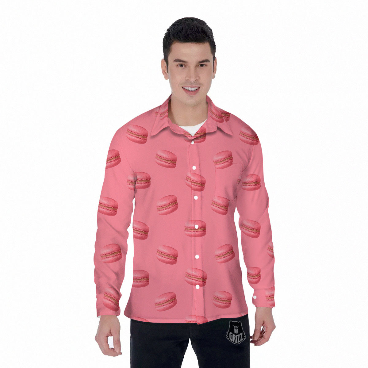 Macarons Pink Print Pattern Men's Long Sleeve Shirts-grizzshop