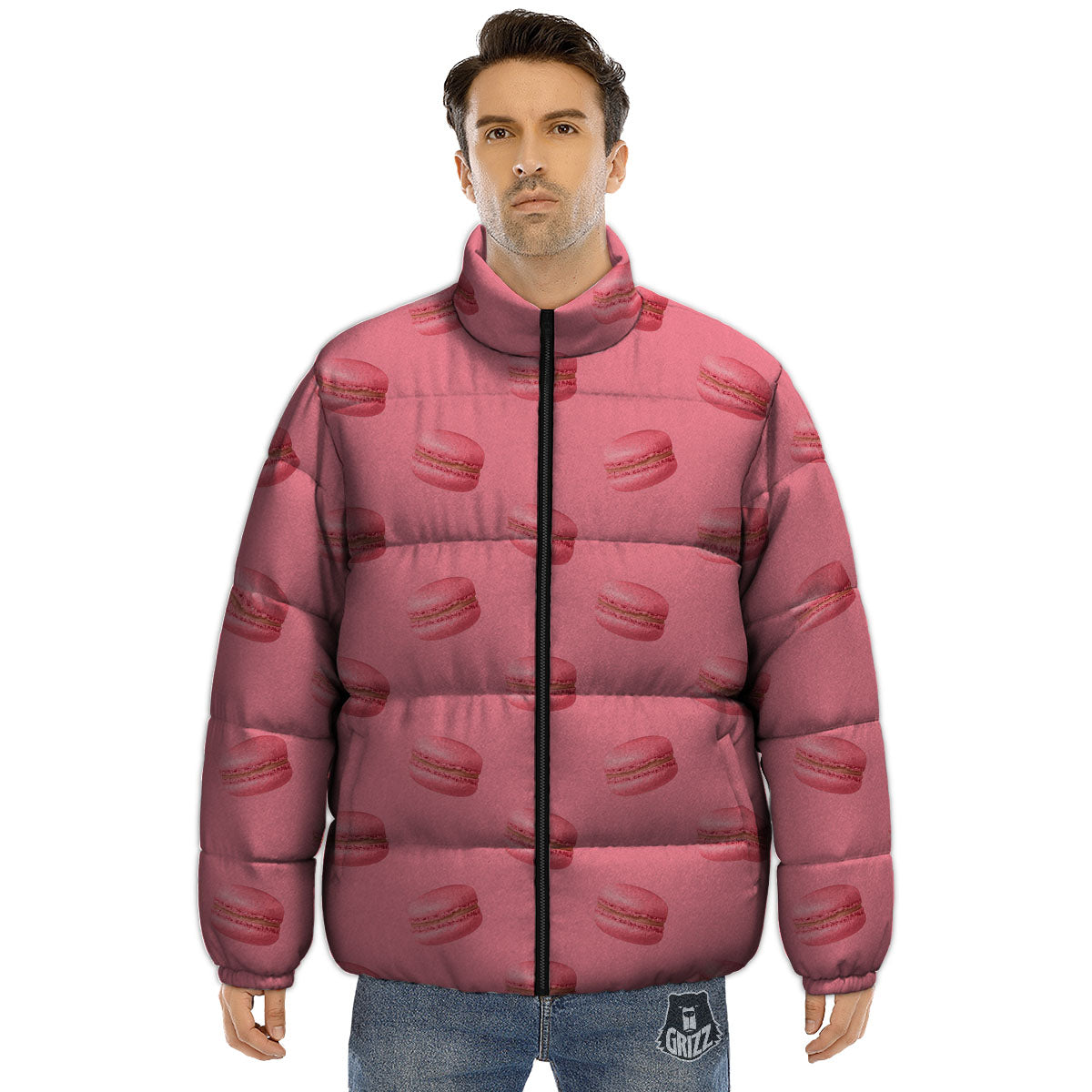 Macarons Pink Print Pattern Puffer Jacket-grizzshop