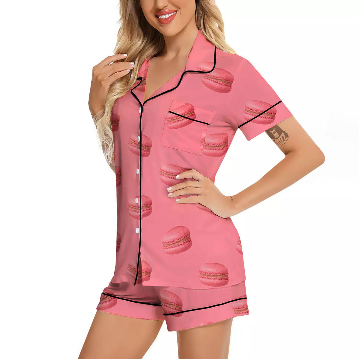 Macarons Pink Print Pattern Women Silk Pajamas-grizzshop