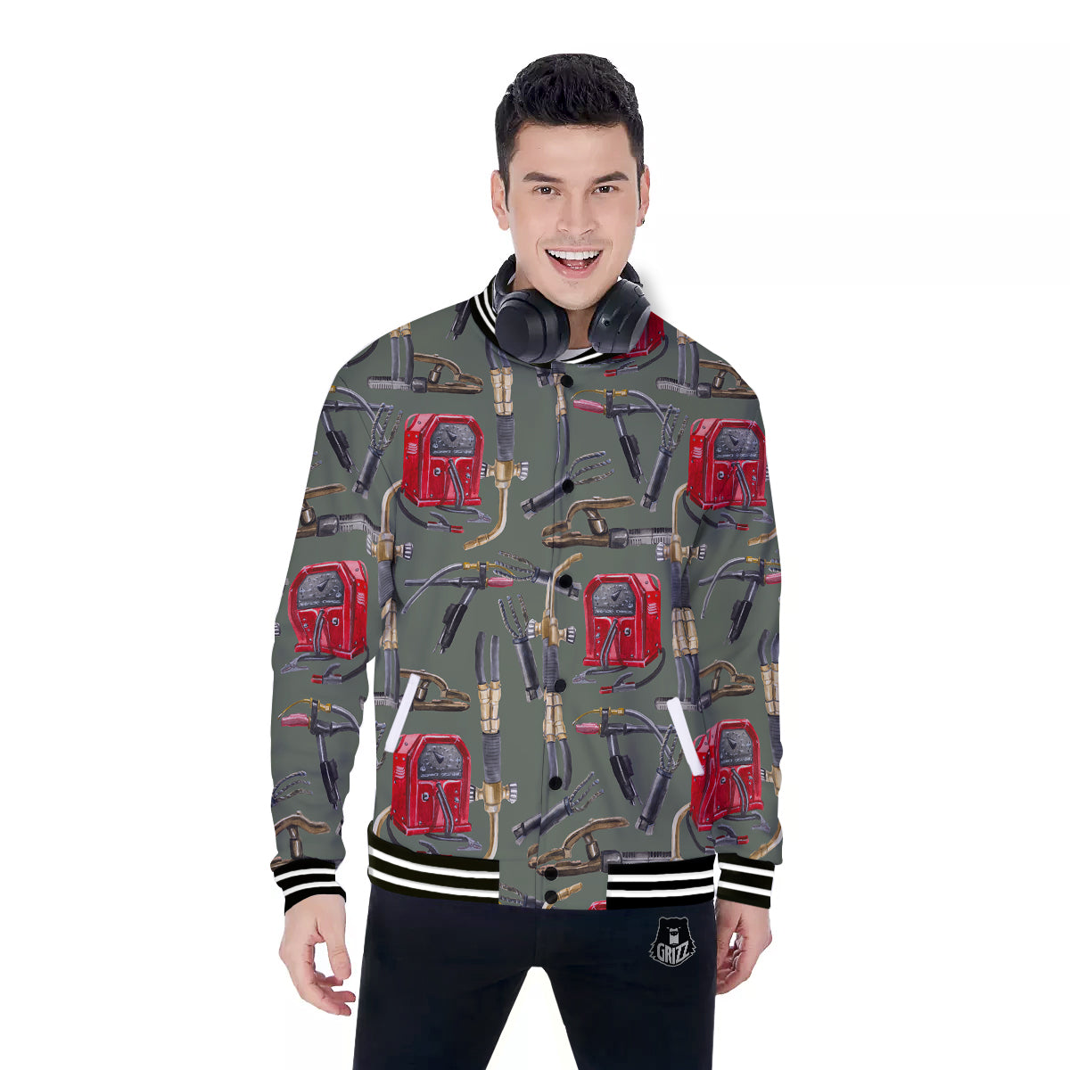 Machine Welding Print Pattern Baseball Jacket-grizzshop