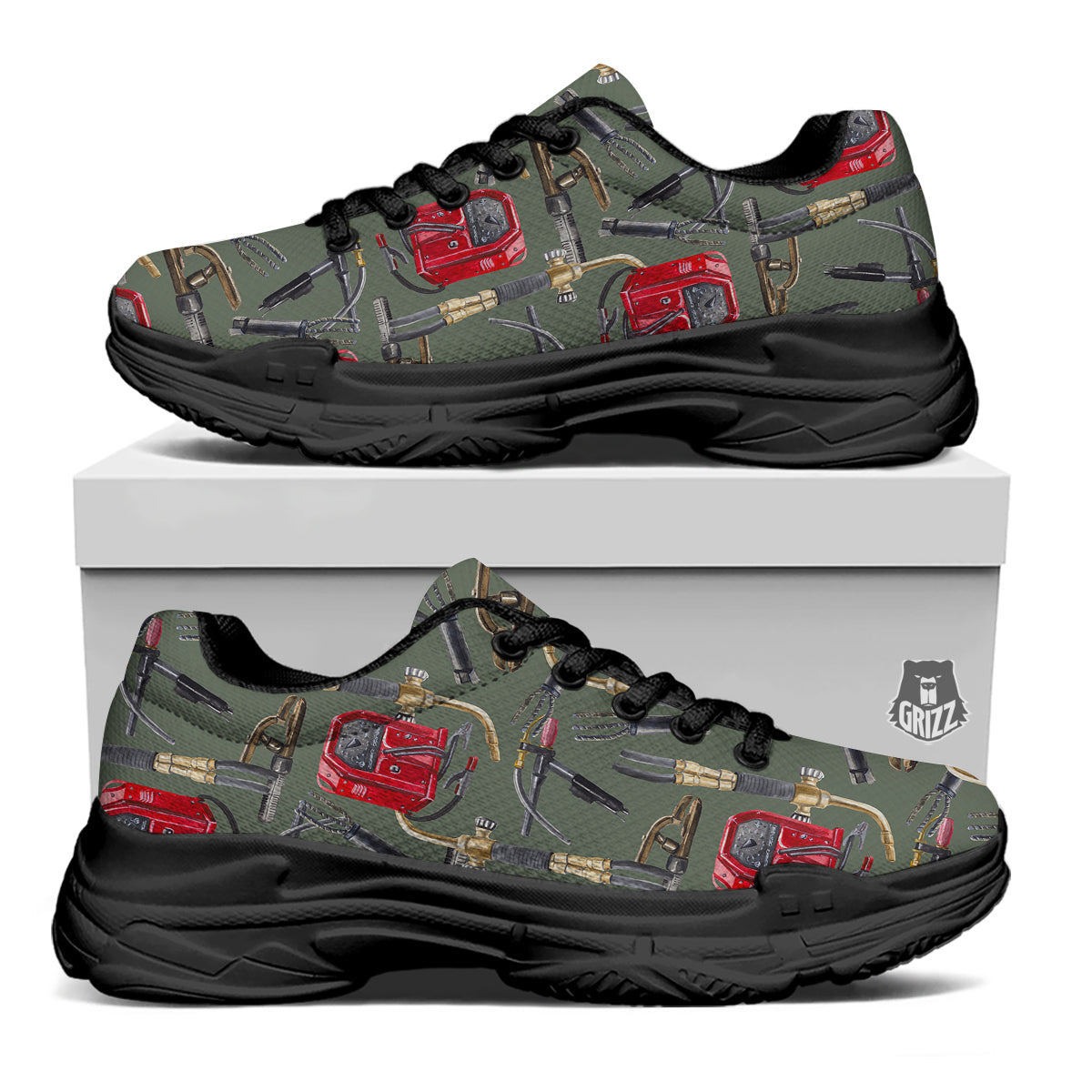 Machine Welding Print Pattern Black Chunky Shoes-grizzshop
