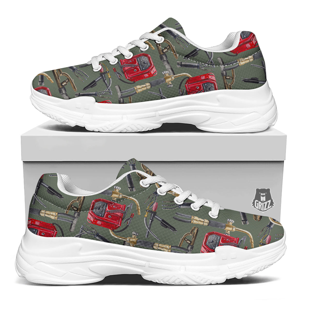 Machine Welding Print Pattern White Chunky Shoes-grizzshop