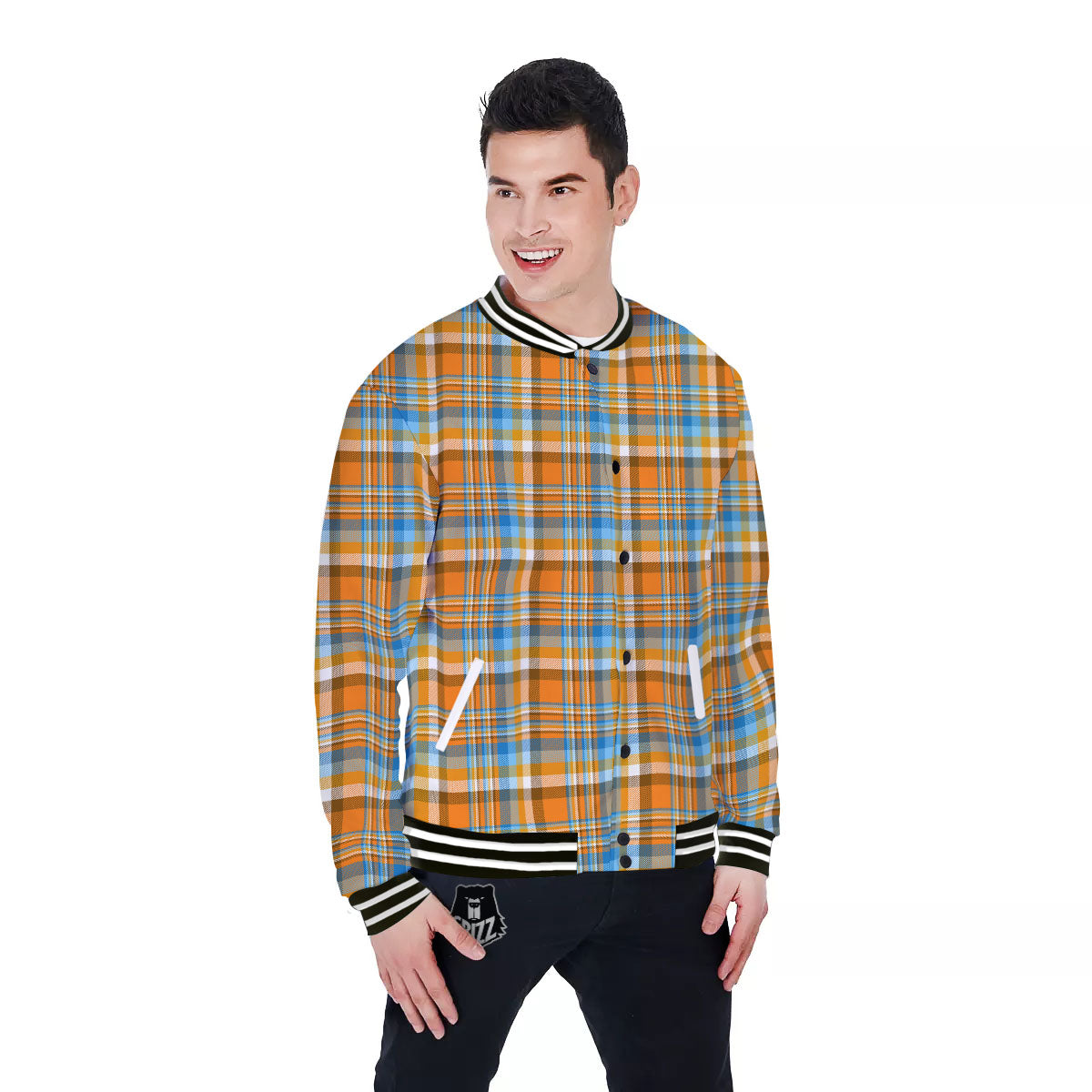 Madras Blue And Orange Print Pattern Baseball Jacket-grizzshop