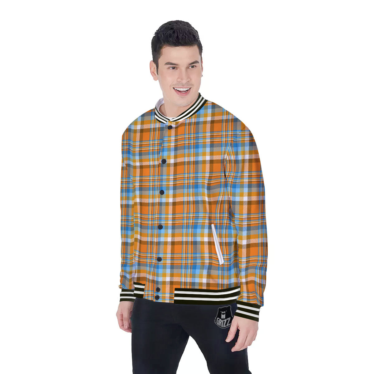 Madras Blue And Orange Print Pattern Baseball Jacket-grizzshop