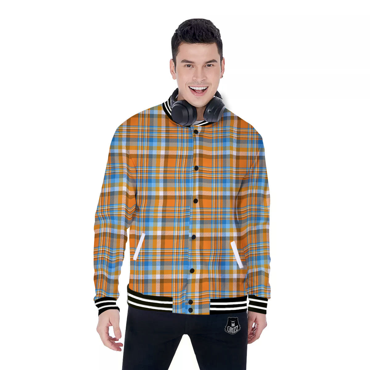 Madras Blue And Orange Print Pattern Baseball Jacket-grizzshop