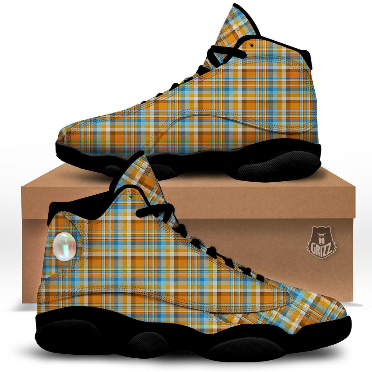 Madras Blue And Orange Print Pattern Black Basketball Shoes-grizzshop