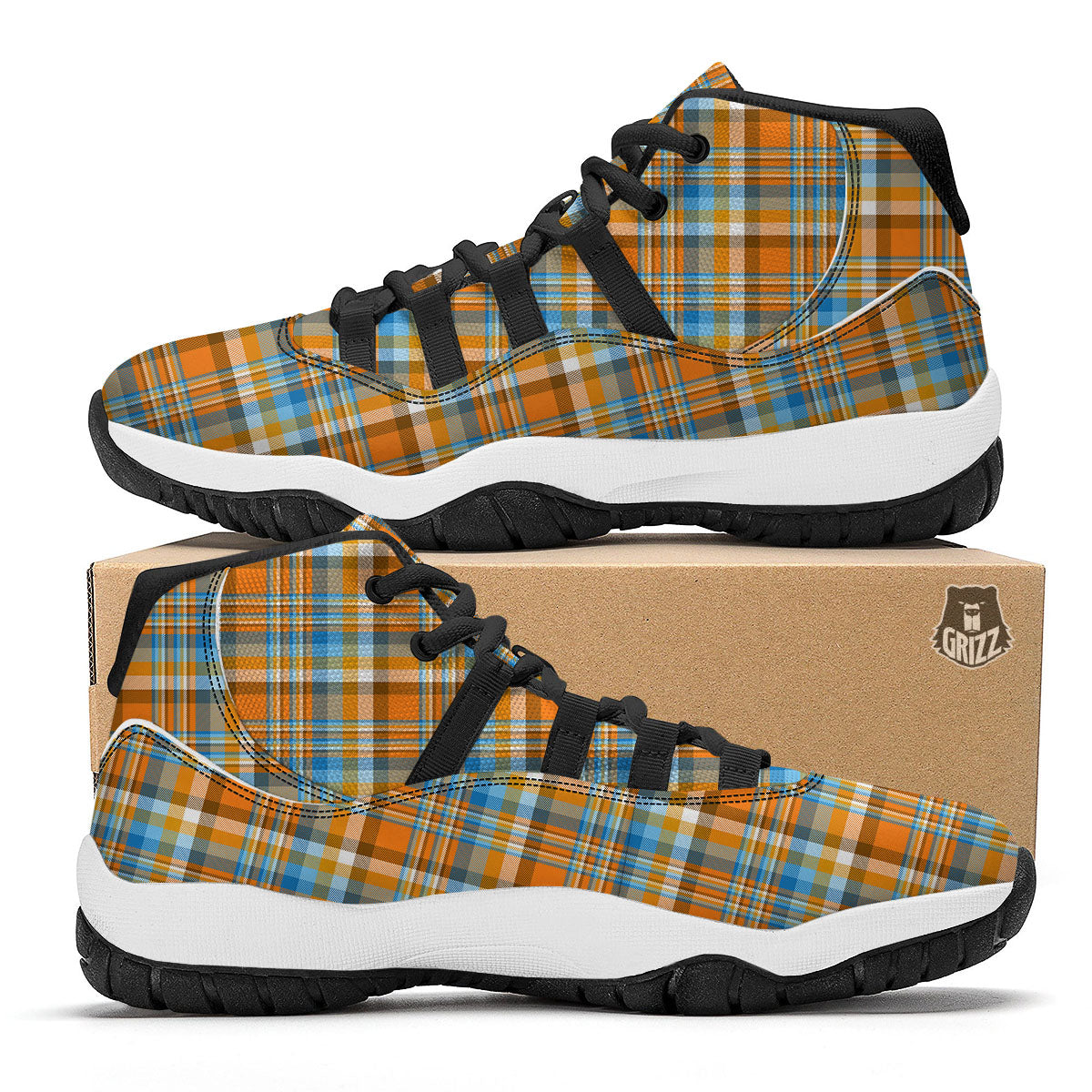 Madras Blue And Orange Print Pattern Black Bball Shoes-grizzshop