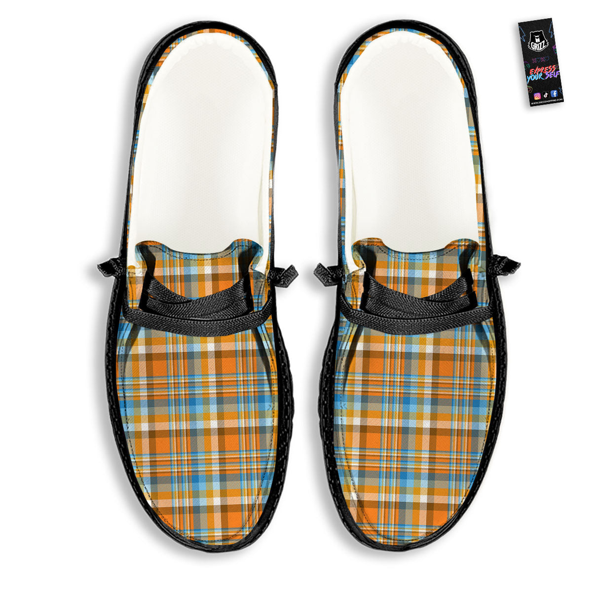 Madras Blue And Orange Print Pattern Black Loafers-grizzshop