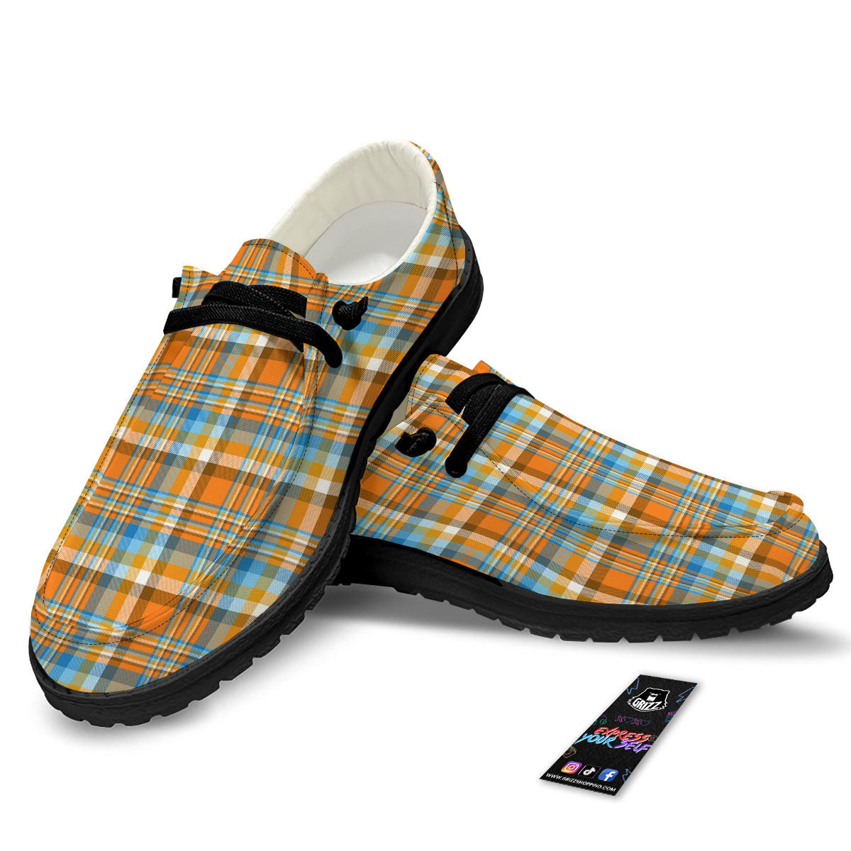 Madras Blue And Orange Print Pattern Black Loafers-grizzshop