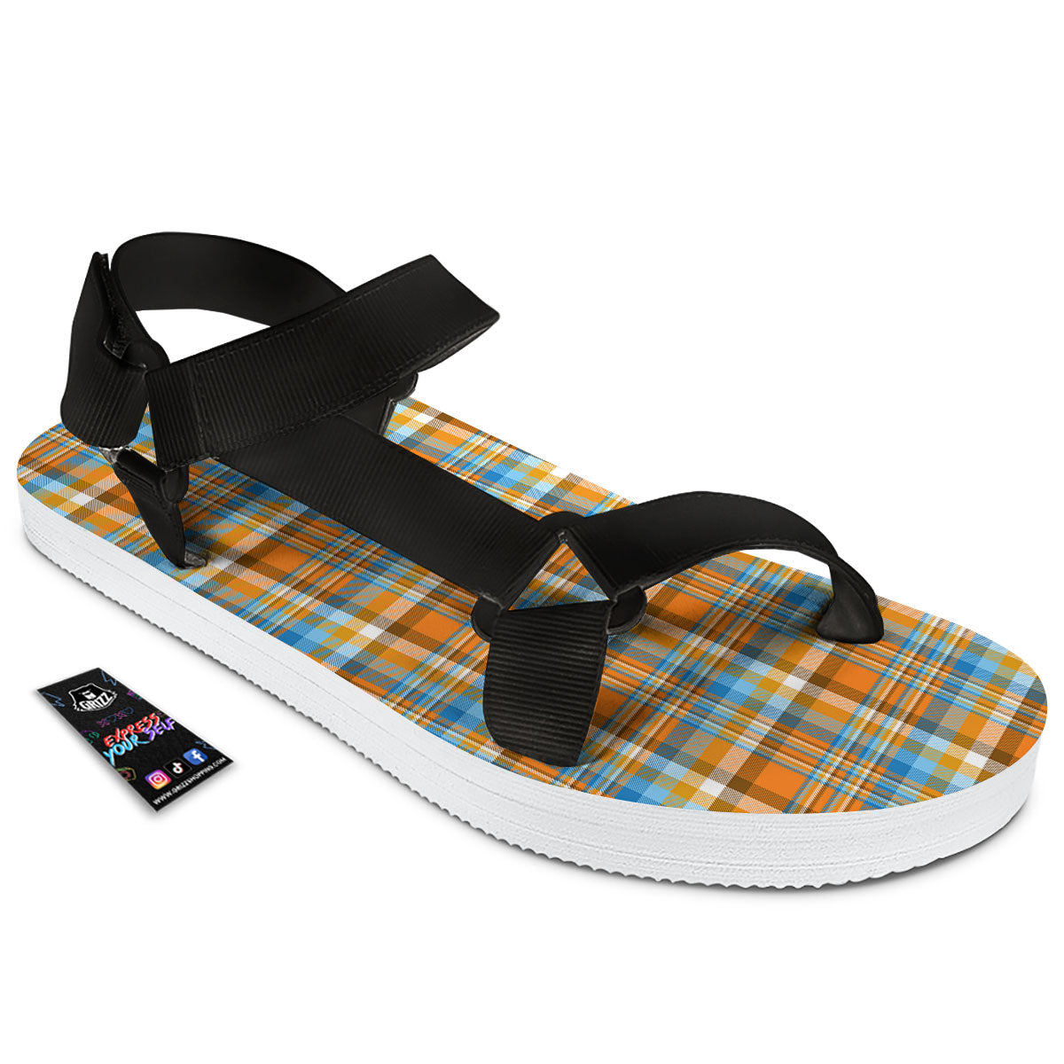 Madras Blue And Orange Print Pattern Black Open Toe Sandals-grizzshop