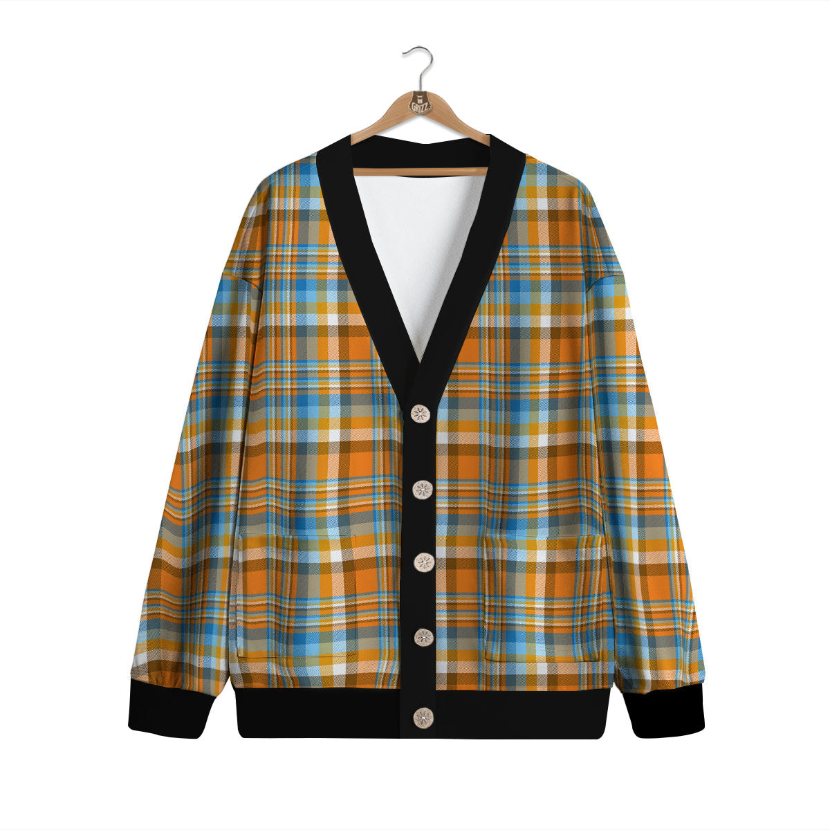 Madras Blue And Orange Print Pattern Cardigan-grizzshop