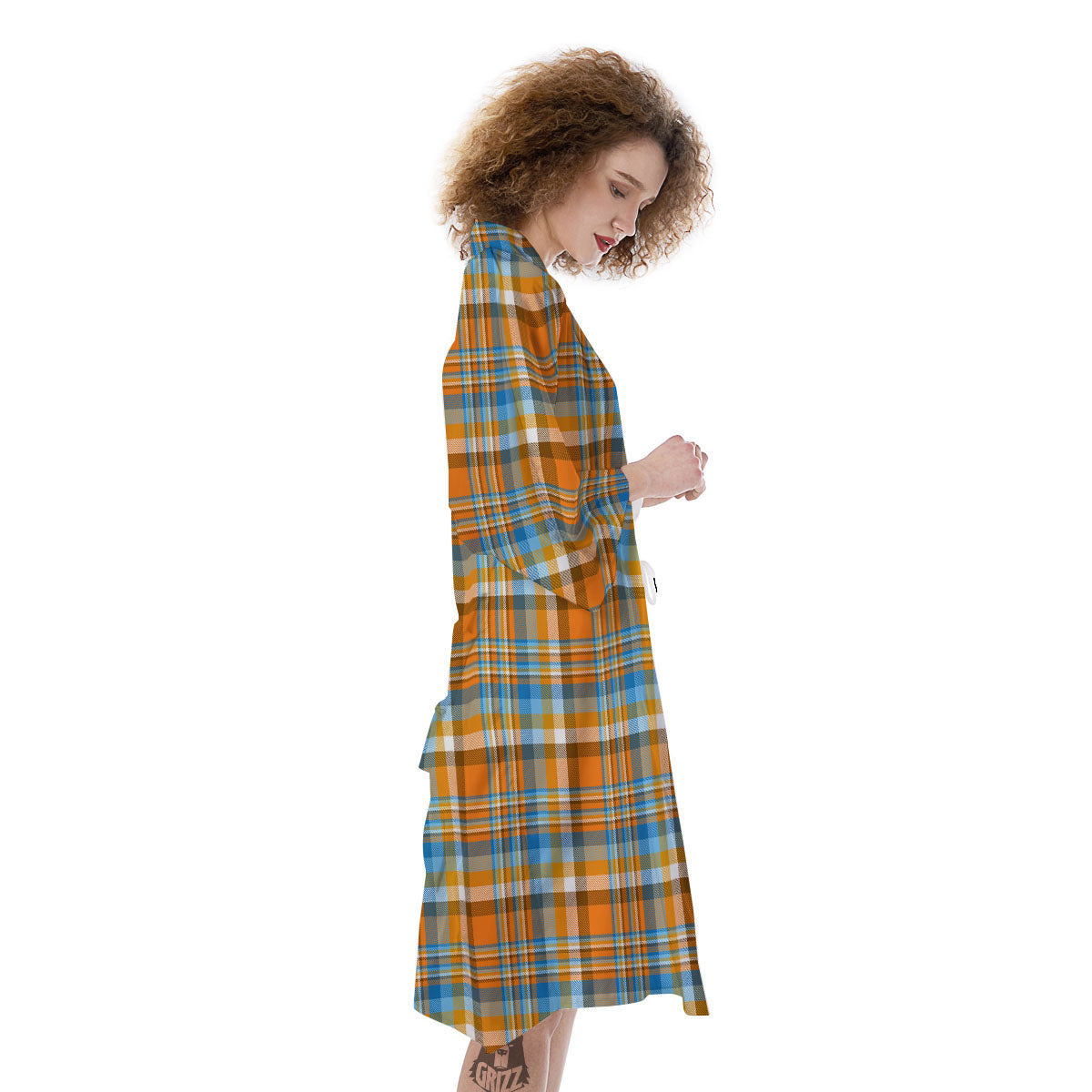 Madras Blue And Orange Print Pattern Kimono-grizzshop