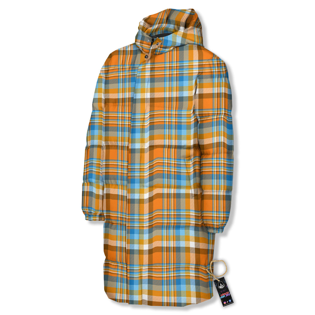 Madras Blue And Orange Print Pattern Long Down Jacket-grizzshop