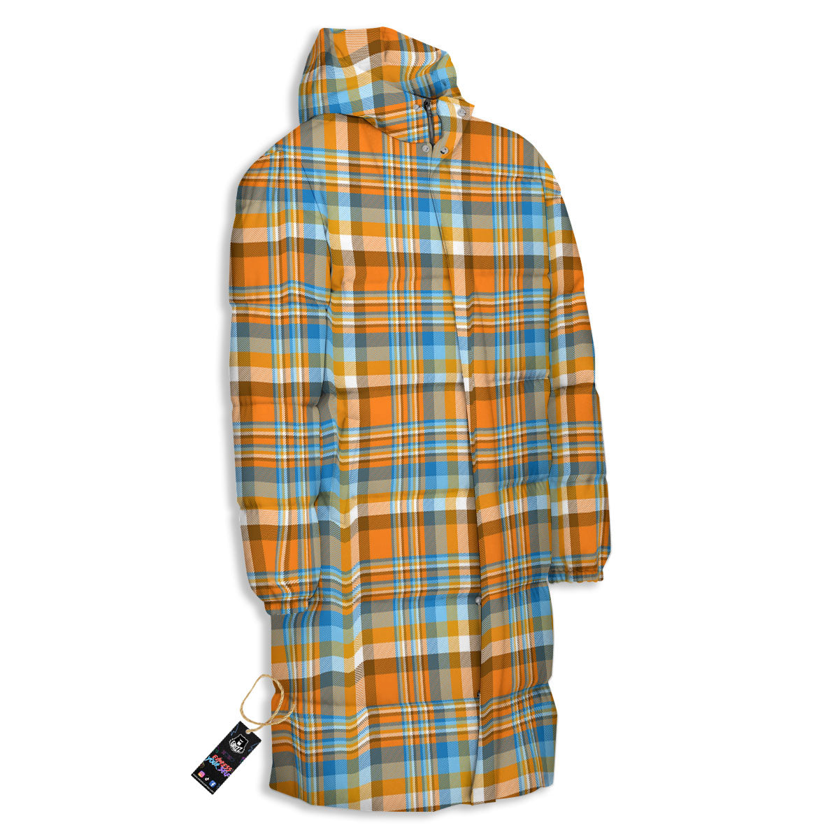 Madras Blue And Orange Print Pattern Long Down Jacket-grizzshop