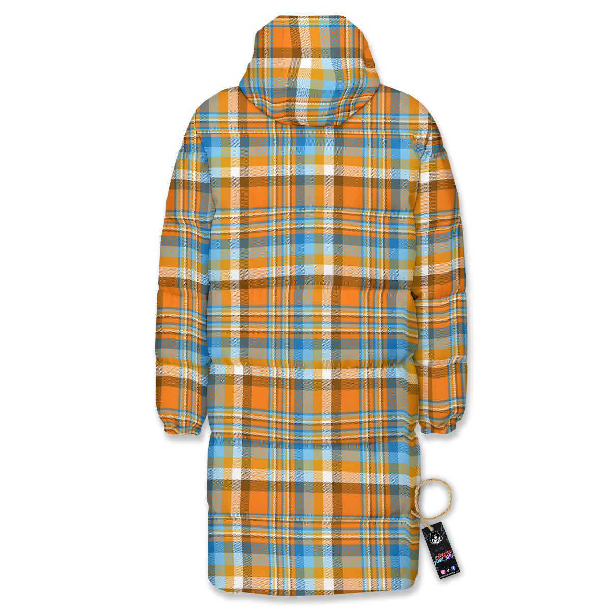 Madras Blue And Orange Print Pattern Long Down Jacket-grizzshop