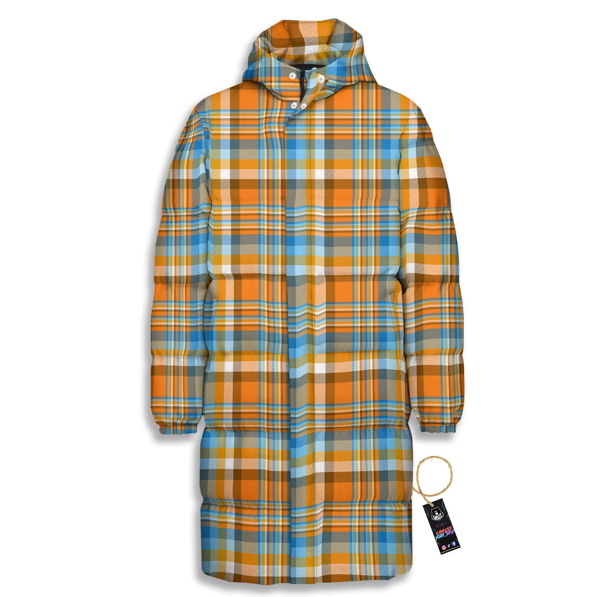 Madras Blue And Orange Print Pattern Long Down Jacket-grizzshop