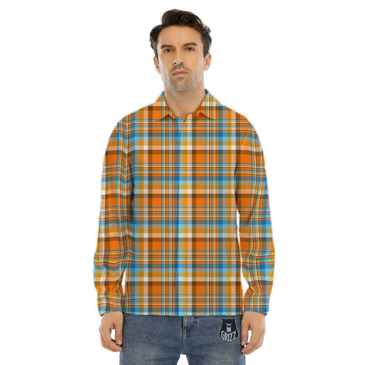 Madras Blue And Orange Print Pattern Men's Dress Shirts-grizzshop