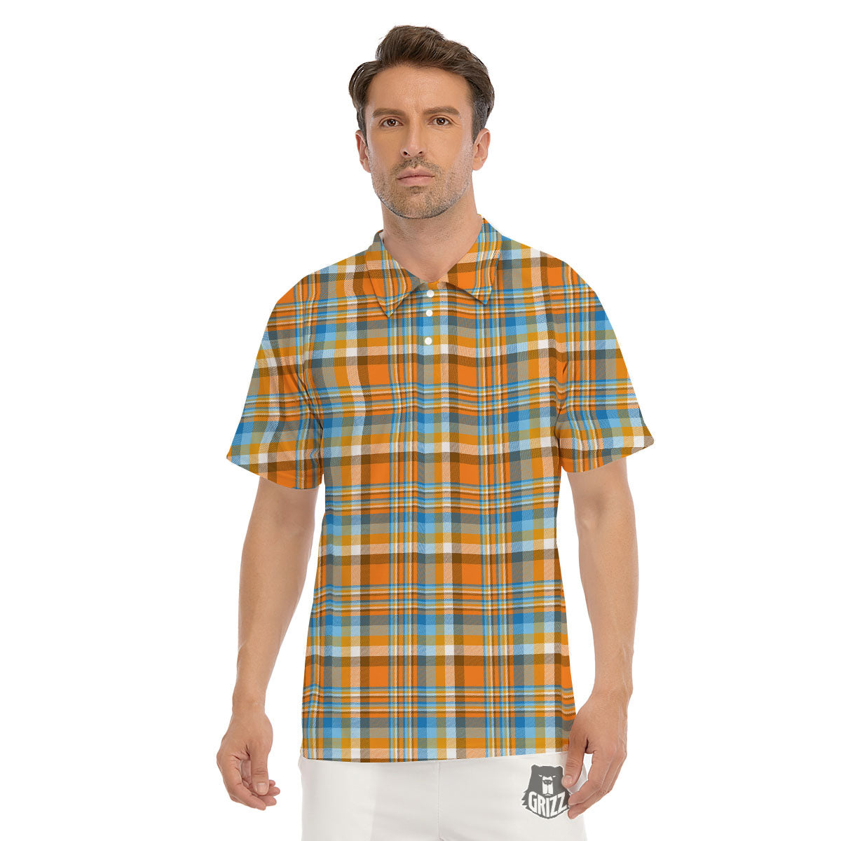 Madras Blue And Orange Print Pattern Men's Golf Shirts-grizzshop