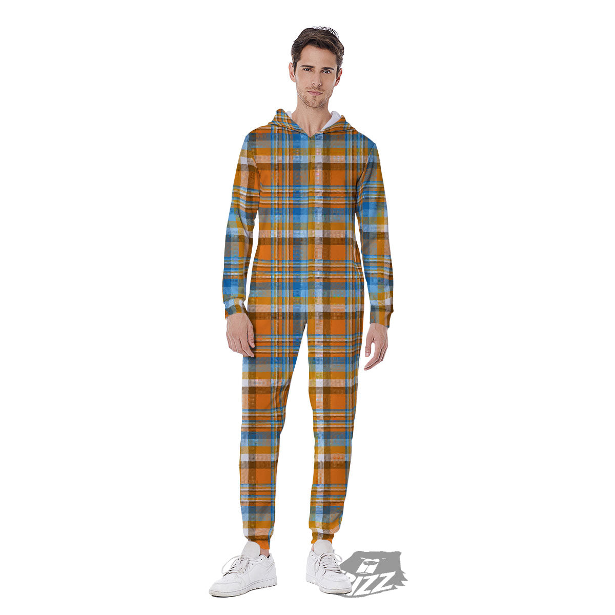 Madras Blue And Orange Print Pattern Men's Jumpsuit-grizzshop