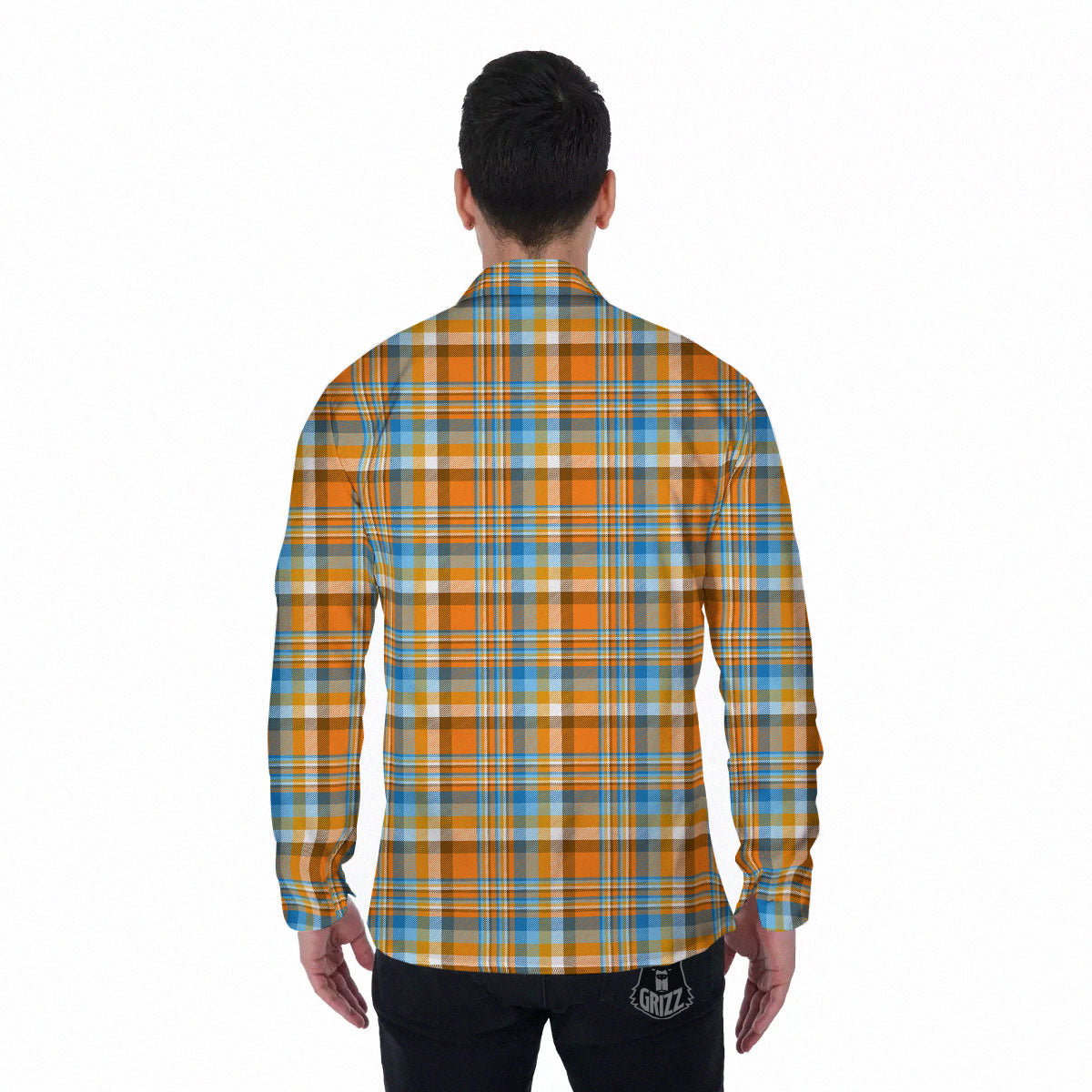 Madras Blue And Orange Print Pattern Men's Long Sleeve Shirts-grizzshop