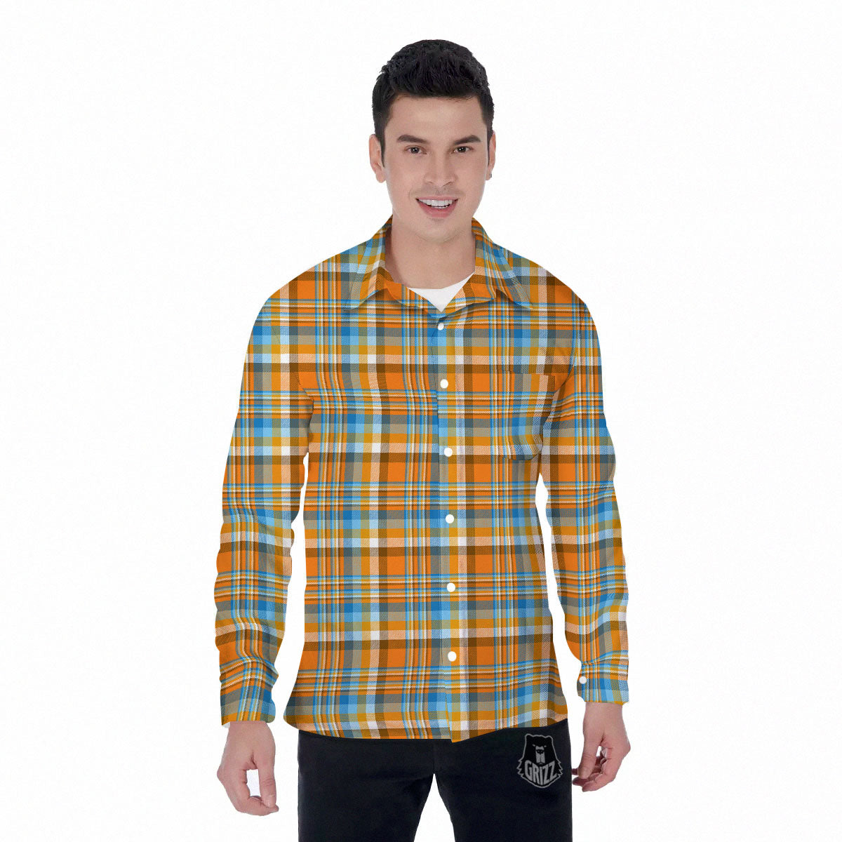 Madras Blue And Orange Print Pattern Men's Long Sleeve Shirts-grizzshop